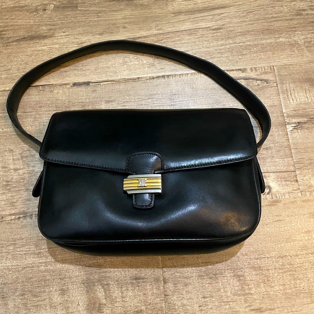 RARE Vintage Celine Black Calf Leather Shoulder Bag Two Tone Triomphe Clasp